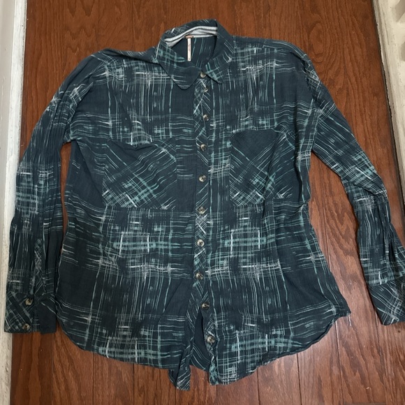 Free People Plaid Button-Down Shirt - Teal and Charcoal Size M - Picture 2 of 4